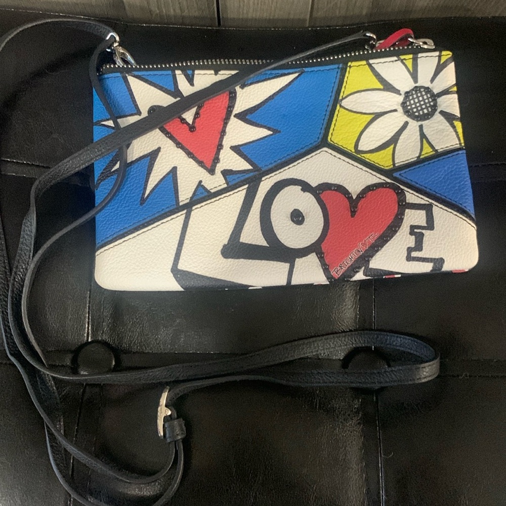 Brighton Black Leather Love Graffiti Small Purse or Clutch With Shoulder Strap